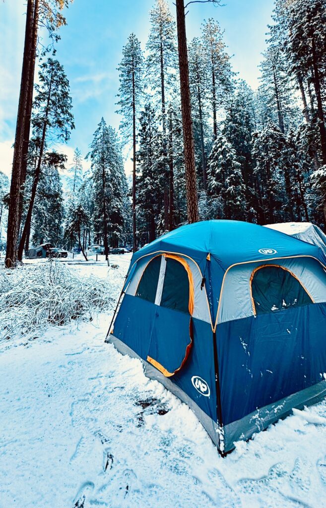 Campfire at a campsite with tents