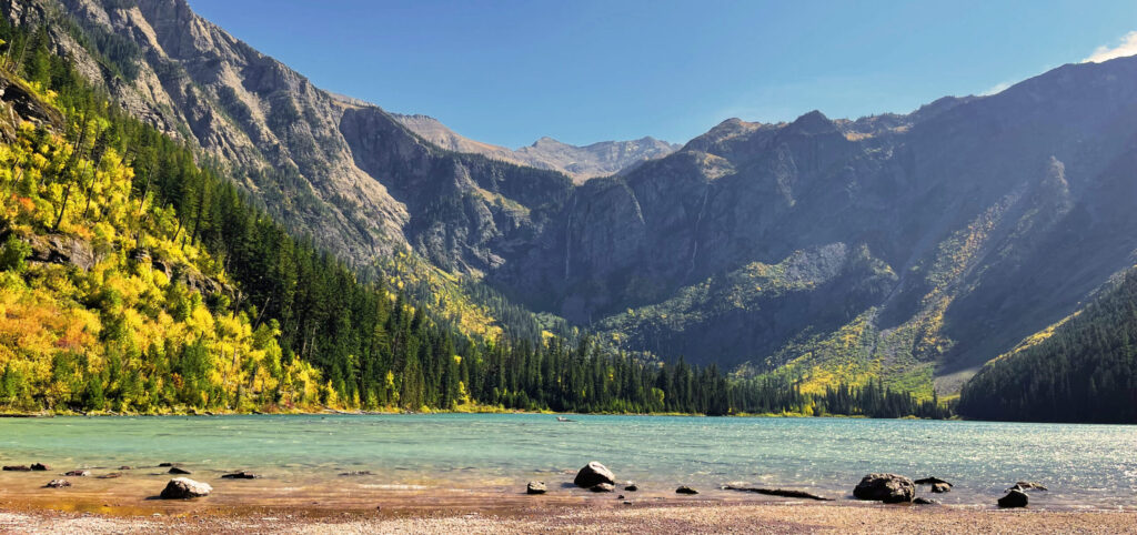 Crystal-clear turquoise lake in Montana surrounded by evergreen forests and rugged mountain peaks under a bright blue sky.